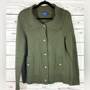 Pendleton Olive Shawl-Collar Ribbed Vintage Granny Cardigan in Size Large Petite